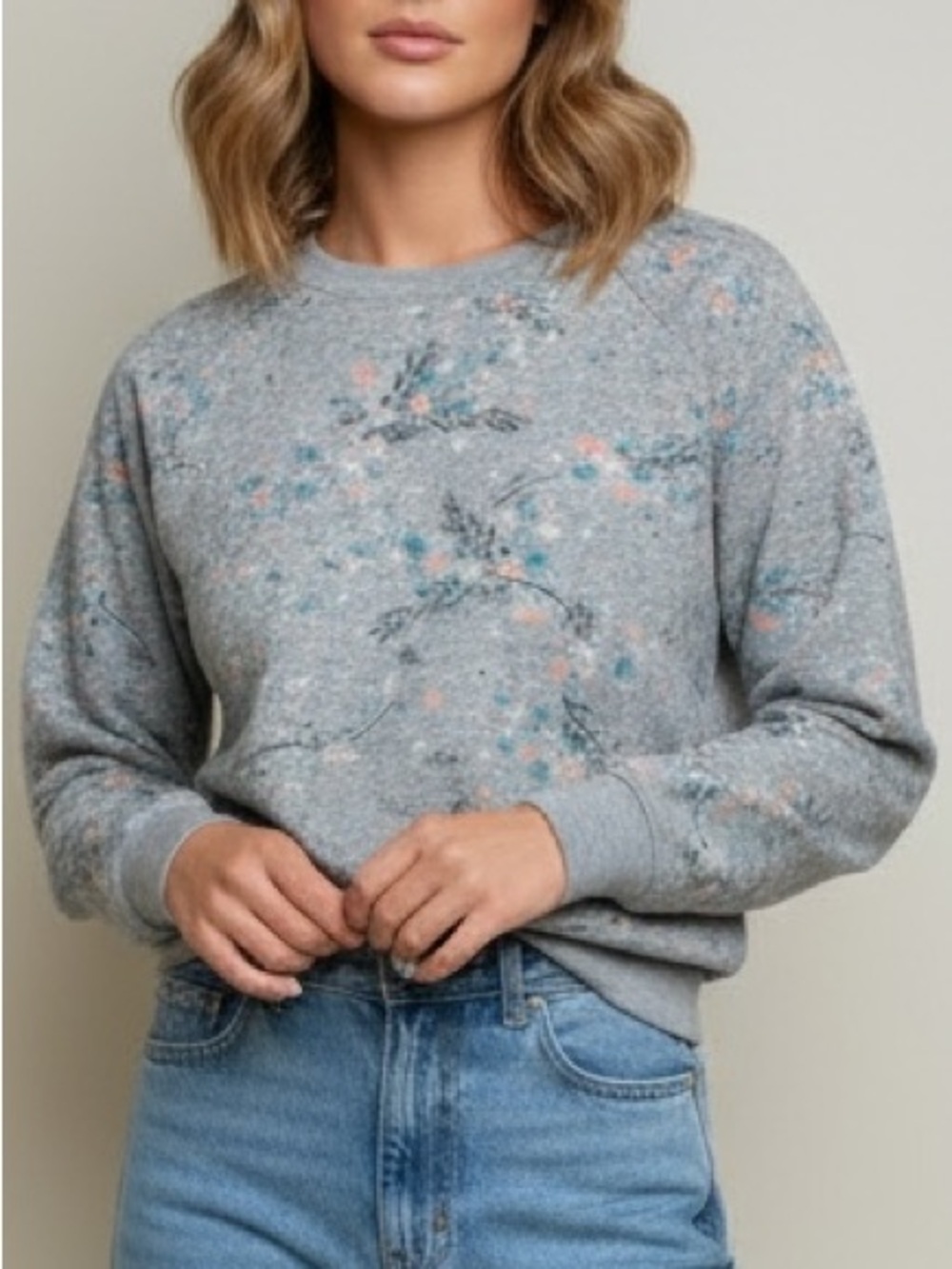 Boden Gray Crewneck Sweater with Pink & Blue Floral Print